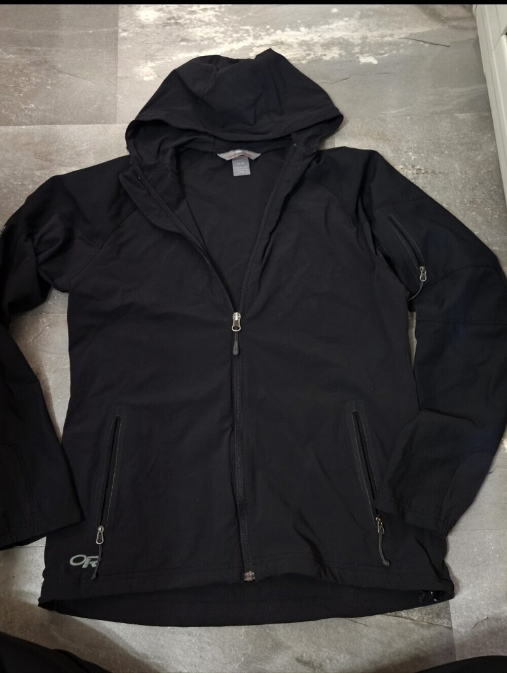 Outdoor Research Black Softshell Hooded Jacket - 'Designed by Adventure'. Size M